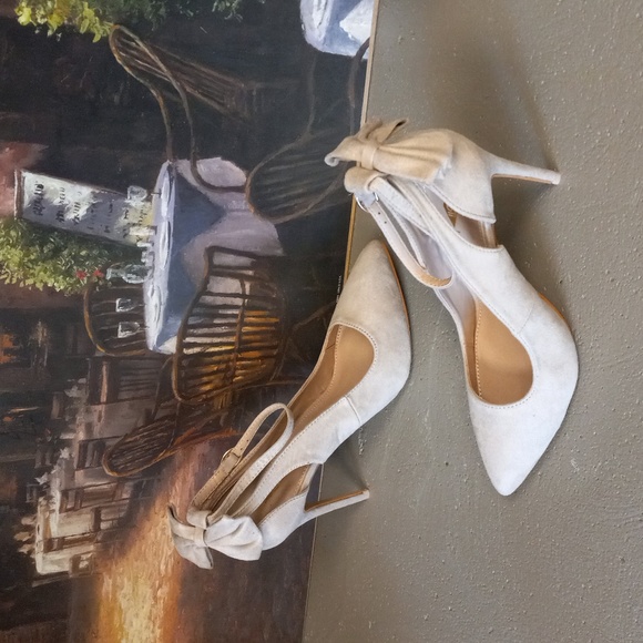 Jolimall Cream Colored,Bow-Tye Back, Adjustable Ankle Strap, Pointed Toe Heels - Picture 5 of 14